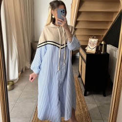 Robe chemise rayée à capuche beige LILOU
