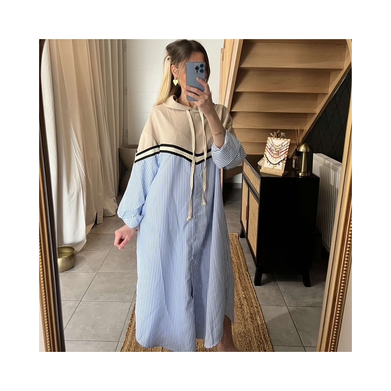 Robe chemise rayée à capuche beige LILOU Robe chemise rayée à capuche beige LILOU
