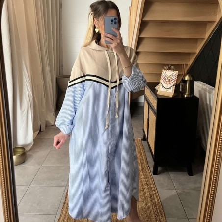 Robe chemise rayée à capuche beige LILOU