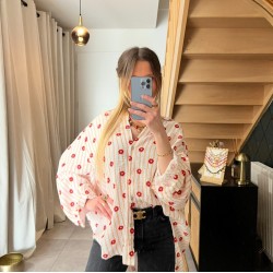 Chemisier en gaze de coton rouge LINA à motifs fleurs