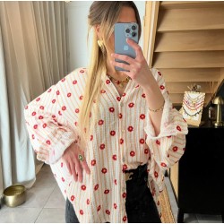 Chemisier en gaze de coton rouge LINA à motifs fleurs