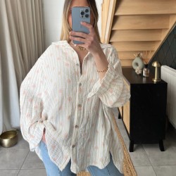Chemisier en gaz de coton rose pale LINA à motifs fleurs