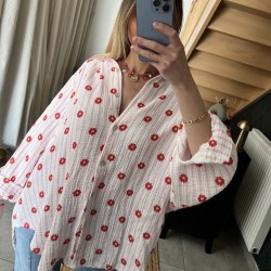 Chemisier en gaz de coton fuchsia LINA à motifs fleurs