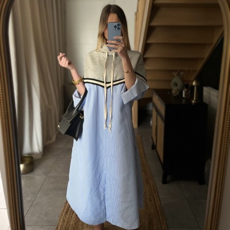 Robe chemise rayée à capuche grise Lilou